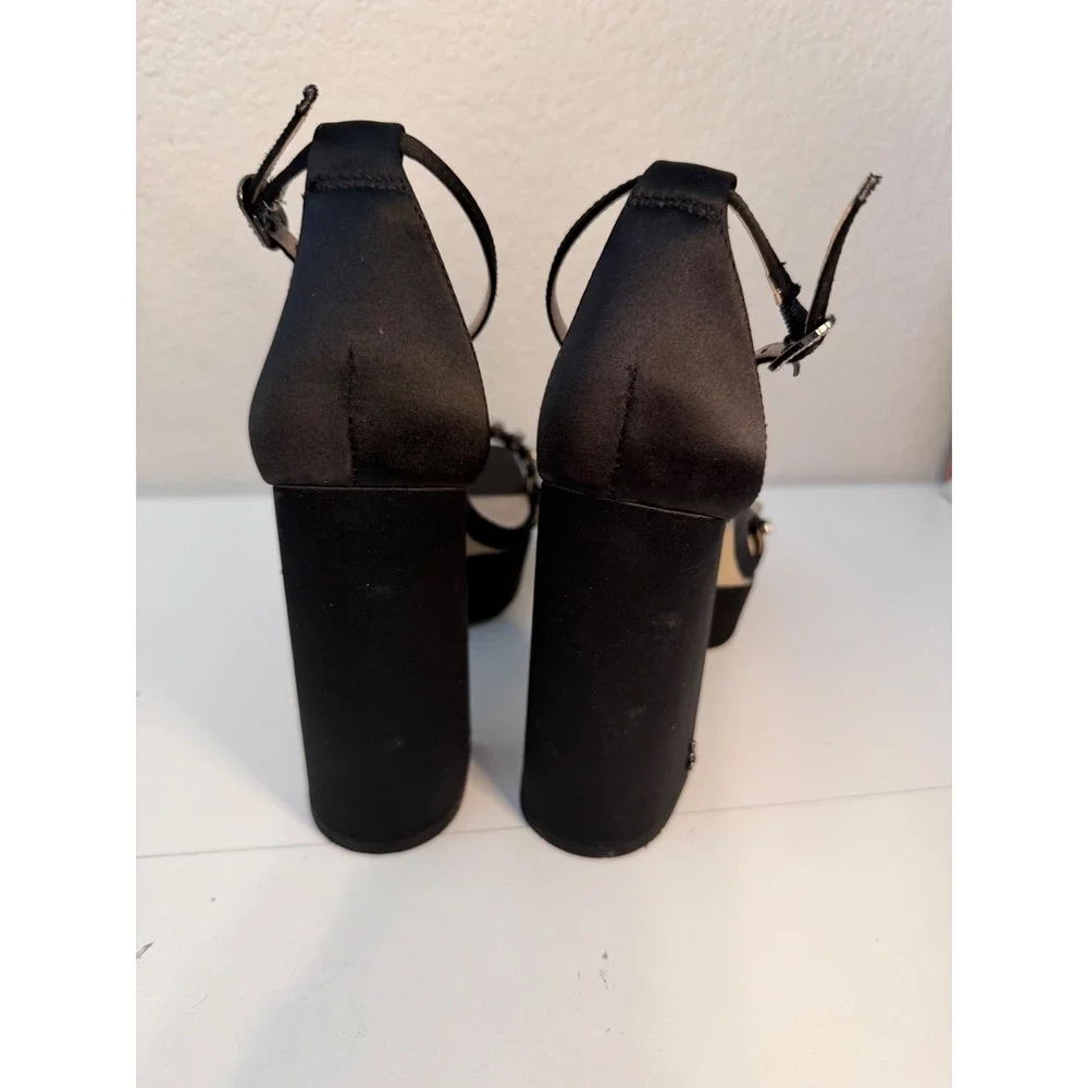 Sam Edelman Ninette Black Satin Rhinestone Platform Block Heel Sandals 7M